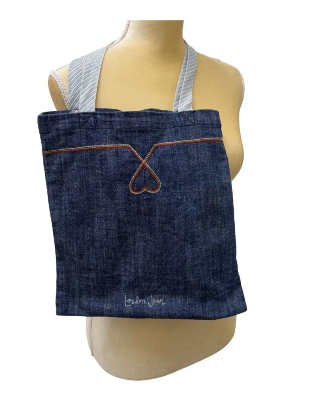 London Jean Heart Stitch Denim Tote Bag Blue Cotton Spandex Casual Carryall